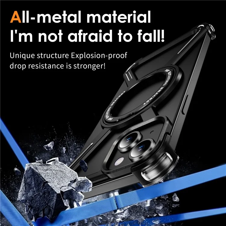 For iPhone 15 Plus  /  14 Plus Bumper Cases Borderless Metal Frame Cover Compatible with MagSafe Kickstand - Black