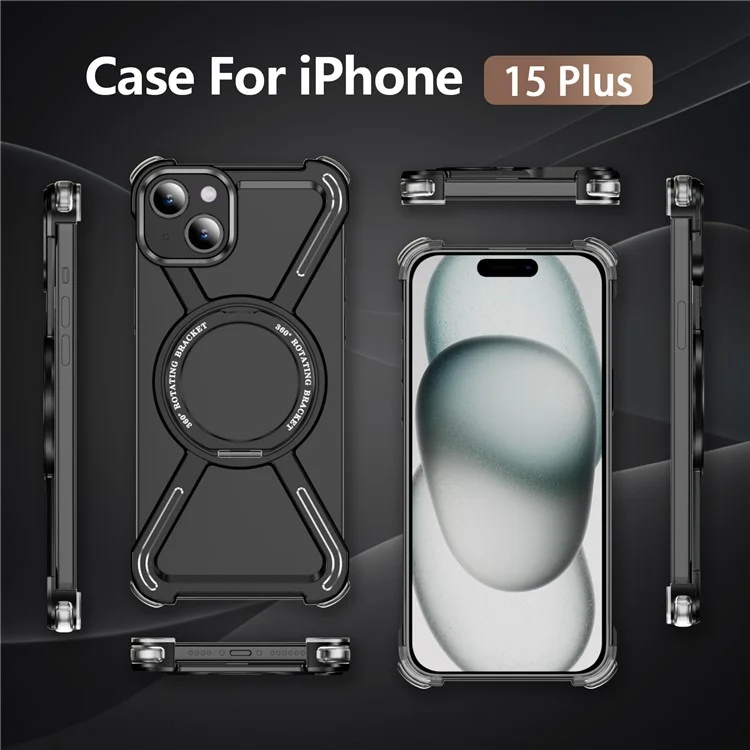 For iPhone 15 Plus  /  14 Plus Bumper Cases Borderless Metal Frame Cover Compatible with MagSafe Kickstand - Black