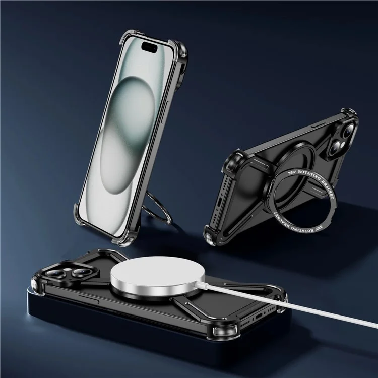 For iPhone 15 Plus  /  14 Plus Bumper Cases Borderless Metal Frame Cover Compatible with MagSafe Kickstand - Black
