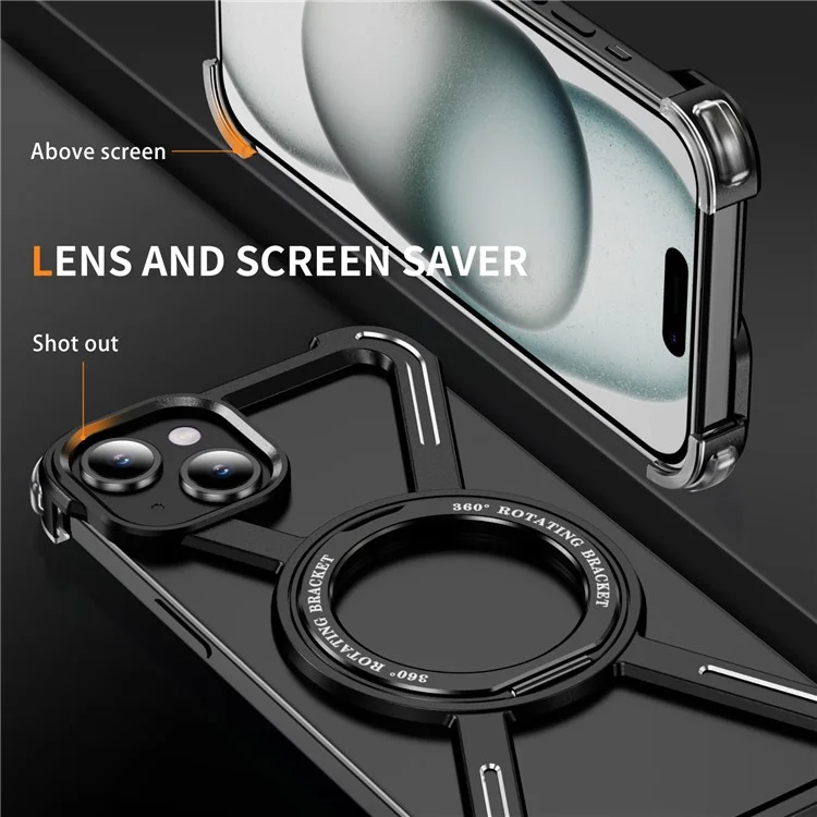 For iPhone 15 Plus  /  14 Plus Bumper Cases Borderless Metal Frame Cover Compatible with MagSafe Kickstand - Black