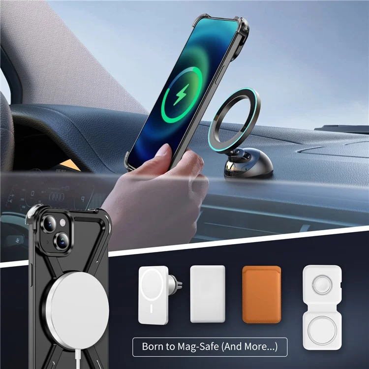 For iPhone 15 Plus  /  14 Plus Bumper Cases Borderless Metal Frame Cover Compatible with MagSafe Kickstand - Black