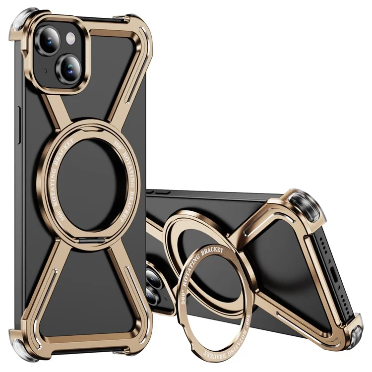 For iPhone 15 Plus  /  14 Plus Bumper Cases Borderless Metal Frame Cover Compatible with MagSafe Kickstand - Gold