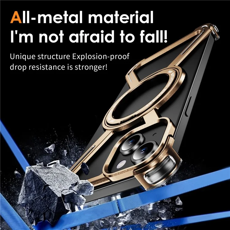 For iPhone 15 Plus  /  14 Plus Bumper Cases Borderless Metal Frame Cover Compatible with MagSafe Kickstand - Gold