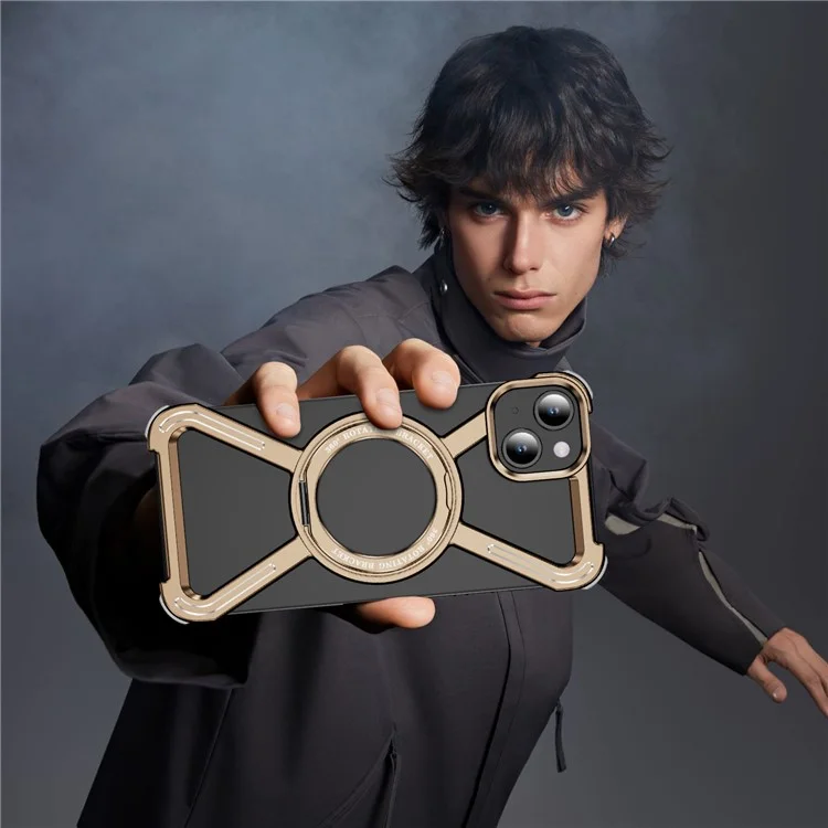For iPhone 15 Plus  /  14 Plus Bumper Cases Borderless Metal Frame Cover Compatible with MagSafe Kickstand - Gold