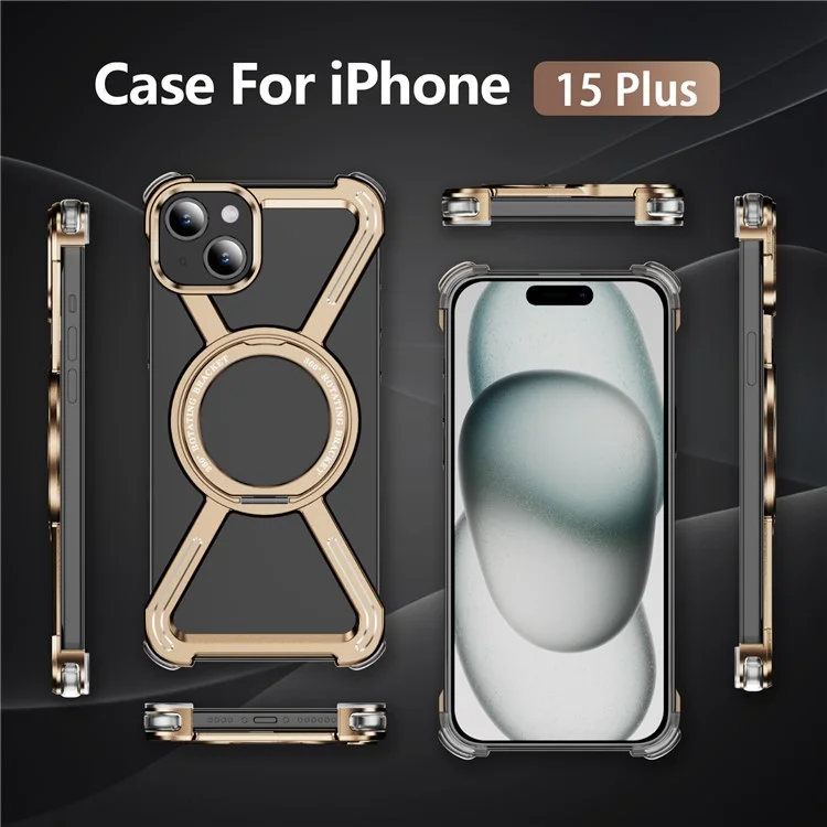 For iPhone 15 Plus  /  14 Plus Bumper Cases Borderless Metal Frame Cover Compatible with MagSafe Kickstand - Gold