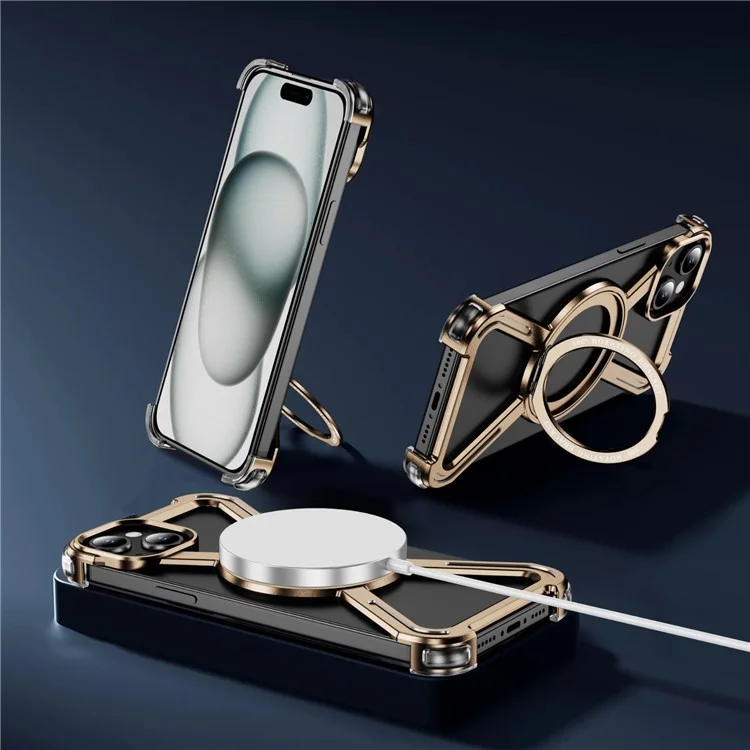 For iPhone 15 Plus  /  14 Plus Bumper Cases Borderless Metal Frame Cover Compatible with MagSafe Kickstand - Gold