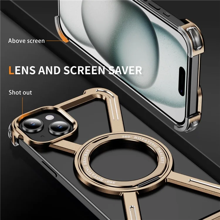 For iPhone 15 Plus  /  14 Plus Bumper Cases Borderless Metal Frame Cover Compatible with MagSafe Kickstand - Gold