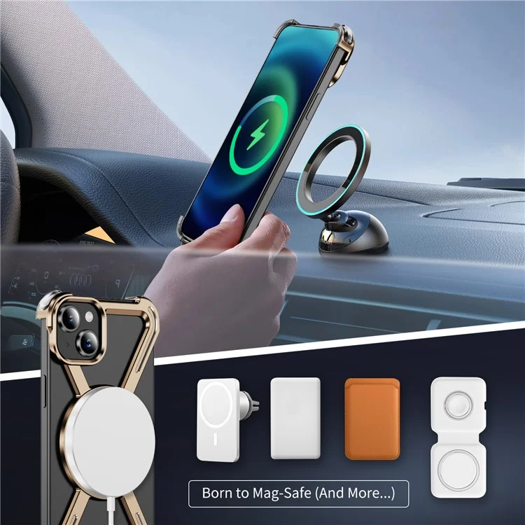 For iPhone 15 Plus  /  14 Plus Bumper Cases Borderless Metal Frame Cover Compatible with MagSafe Kickstand - Gold