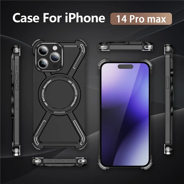 For iPhone 14 Pro Max Bumper Cases Borderless Metal Frame Cover Compatible with MagSafe Kickstand - Black