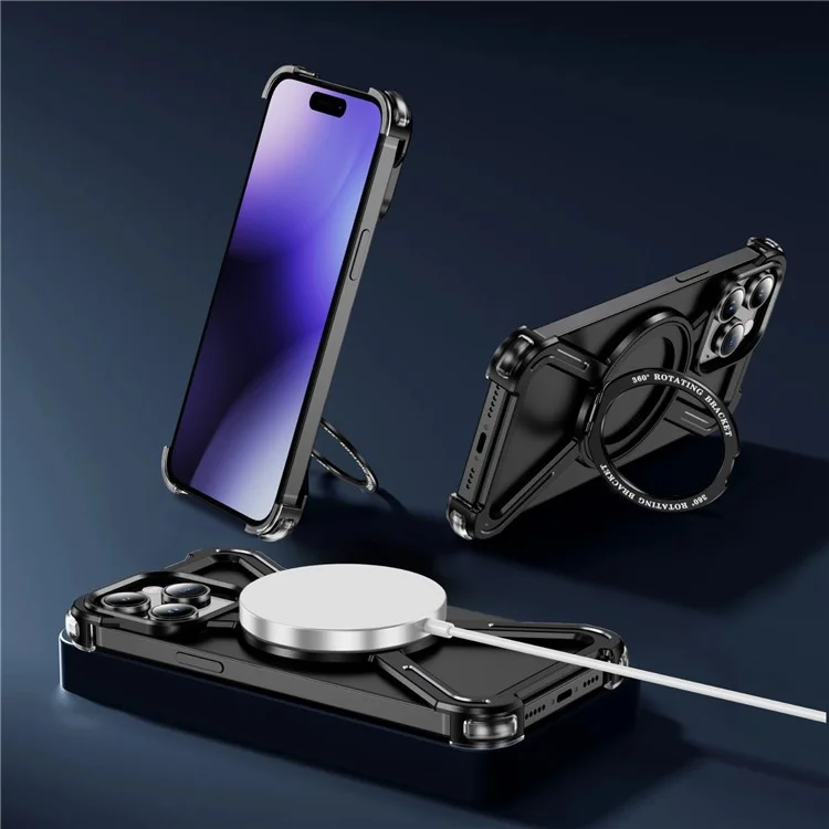 For iPhone 14 Pro Max Bumper Cases Borderless Metal Frame Cover Compatible with MagSafe Kickstand - Black