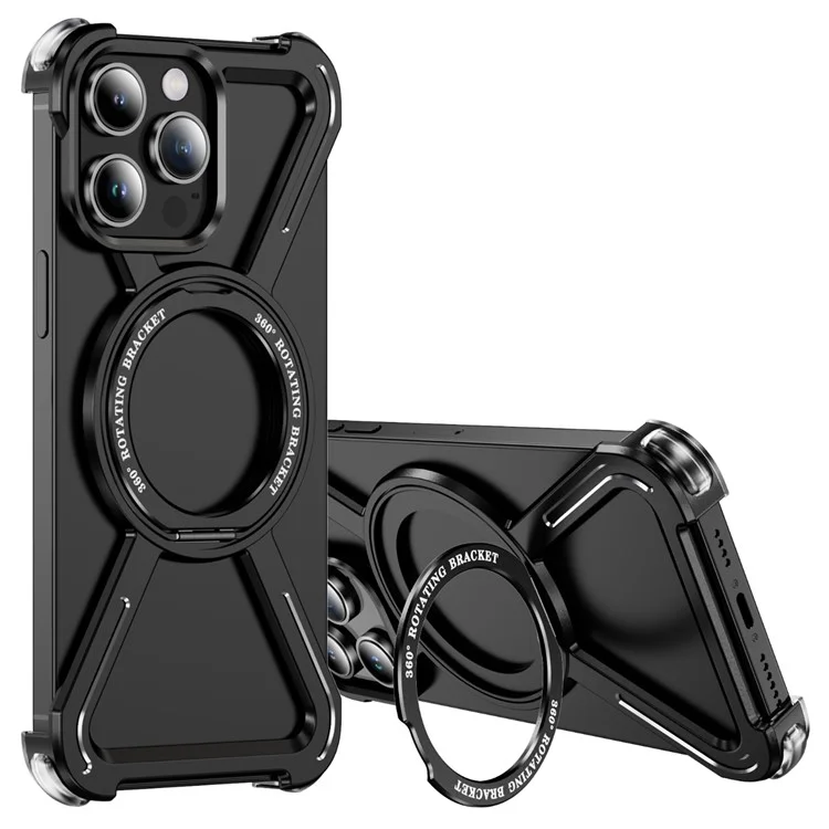 Custodie Bumper per iPhone 14 Pro con Cornice Metallica Senza Bordi Compatibile con MagSafe con Supporto - Nero