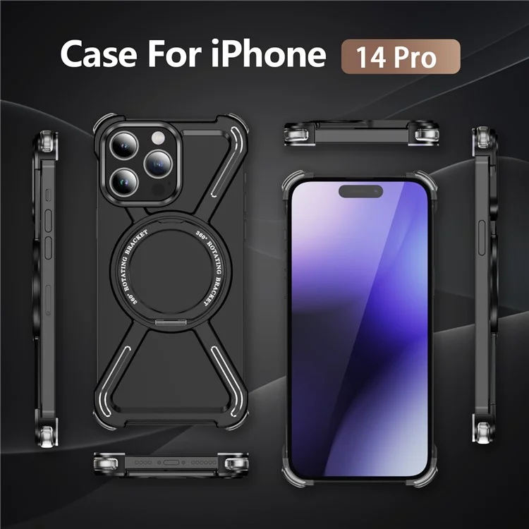 Custodie Bumper per iPhone 14 Pro con Cornice Metallica Senza Bordi Compatibile con MagSafe con Supporto - Nero