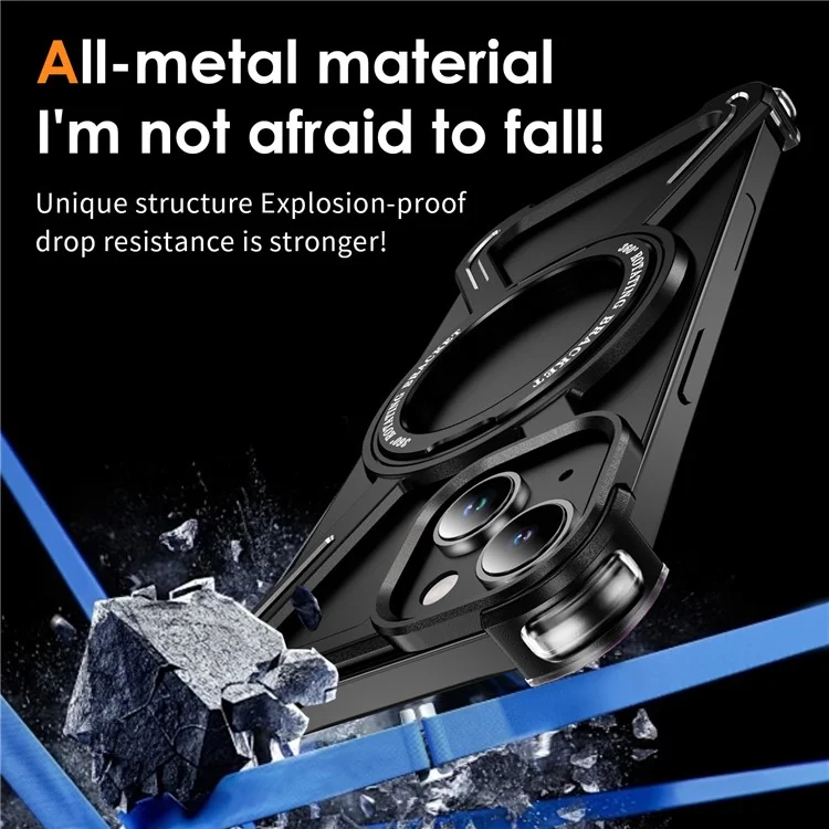 For iPhone 14  /  13 Bumper Cases Borderless Metal Frame Cover Compatible with MagSafe Kickstand - Black