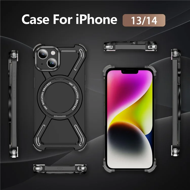For iPhone 14  /  13 Bumper Cases Borderless Metal Frame Cover Compatible with MagSafe Kickstand - Black