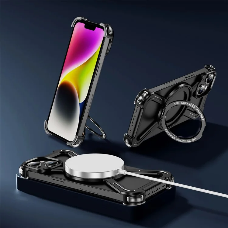 For iPhone 14  /  13 Bumper Cases Borderless Metal Frame Cover Compatible with MagSafe Kickstand - Black