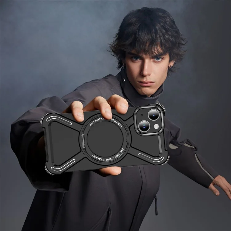 For iPhone 14  /  13 Bumper Cases Borderless Metal Frame Cover Compatible with MagSafe Kickstand - Black