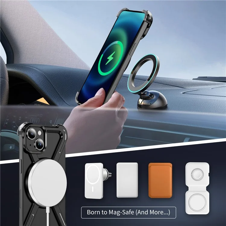 For iPhone 14  /  13 Bumper Cases Borderless Metal Frame Cover Compatible with MagSafe Kickstand - Black