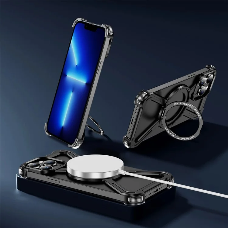 Para iPhone 13 Pro Funda de Parachoques Marco de Metal Sin Bordes Compatible con MagSafe Soporte - Negro