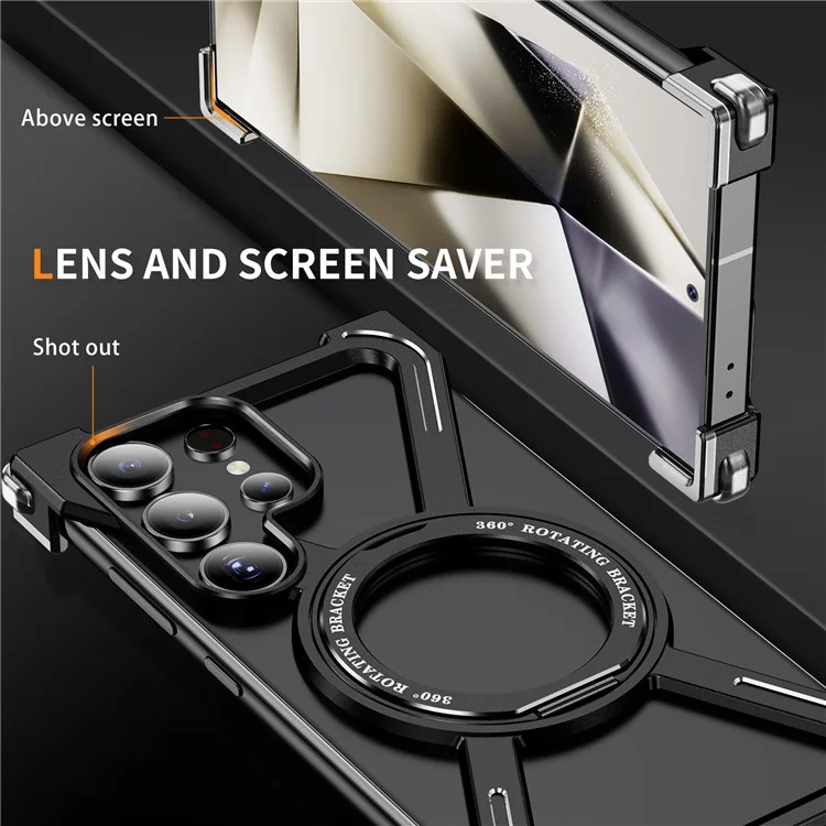 For Samsung Galaxy S24 Ultra Bumper Cases Borderless Metal Frame Cover Compatible with MagSafe Kickstand - Black