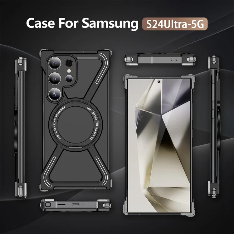 For Samsung Galaxy S24 Ultra Bumper Cases Borderless Metal Frame Cover Compatible with MagSafe Kickstand - Black