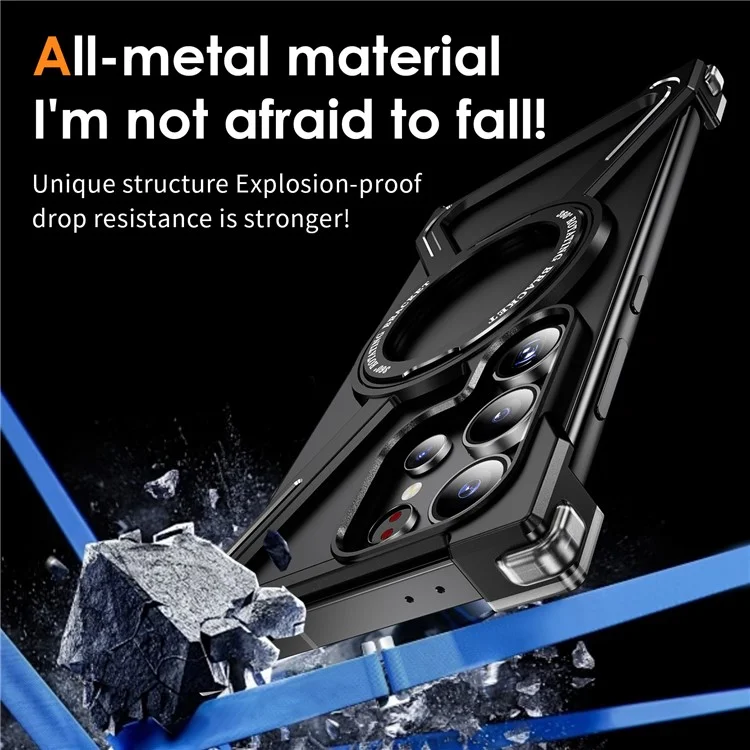 For Samsung Galaxy S24 Ultra Bumper Cases Borderless Metal Frame Cover Compatible with MagSafe Kickstand - Black