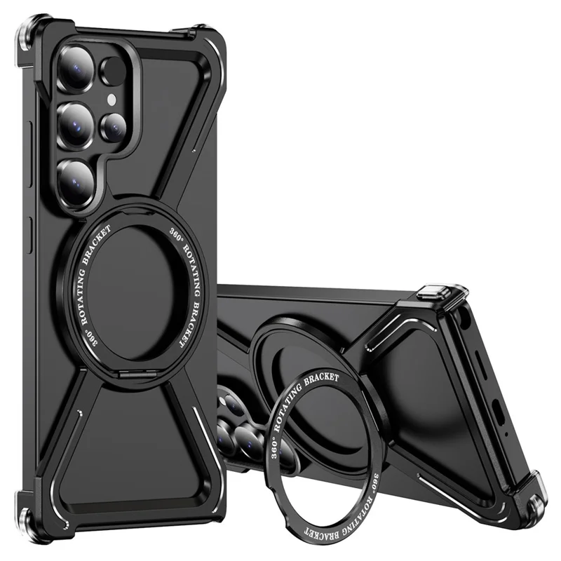 For Samsung Galaxy S25 Ultra Bumper Cases Borderless Metal Frame Cover Kickstand - Black