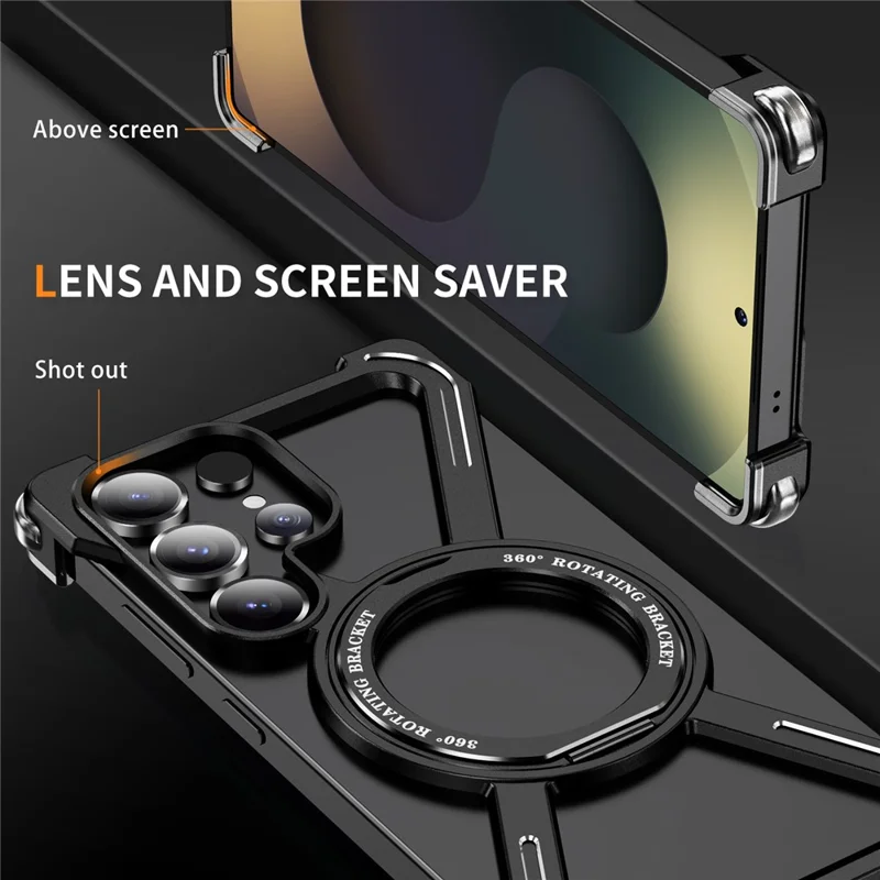 For Samsung Galaxy S25 Ultra Bumper Cases Borderless Metal Frame Cover Kickstand - Black