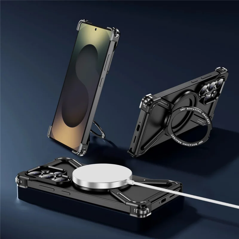 For Samsung Galaxy S25 Ultra Bumper Cases Borderless Metal Frame Cover Kickstand - Black