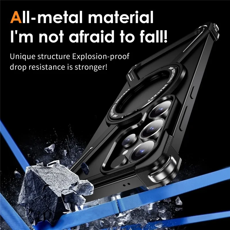 For Samsung Galaxy S25 Ultra Bumper Cases Borderless Metal Frame Cover Kickstand - Black