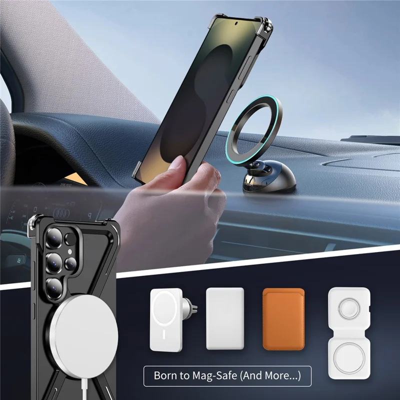 For Samsung Galaxy S25 Ultra Bumper Cases Borderless Metal Frame Cover Kickstand - Black