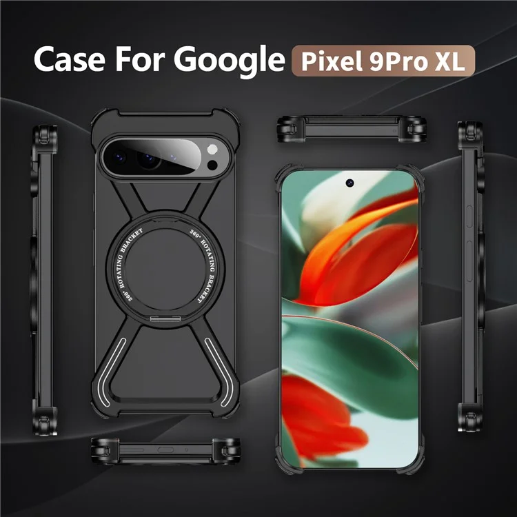 For Google Pixel 9 Pro XL Bumper Cases Borderless Metal Frame Cover Compatible with MagSafe Kickstand - Black