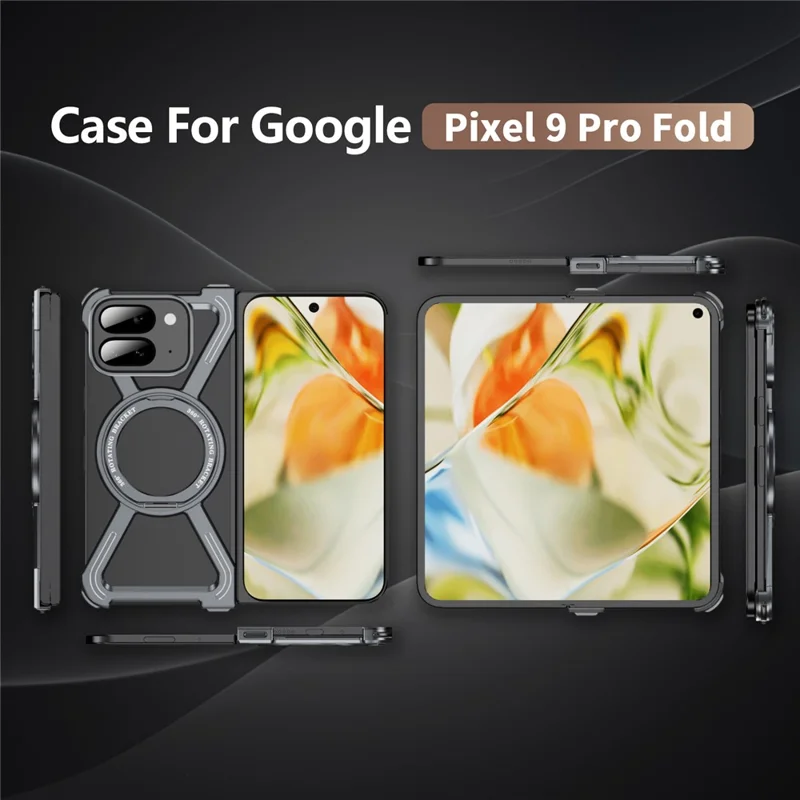 For Google Pixel 9 Pro Fold 5G Bumper Cases Borderless Metal Frame Cover Magnetic Case Kickstand - Grey