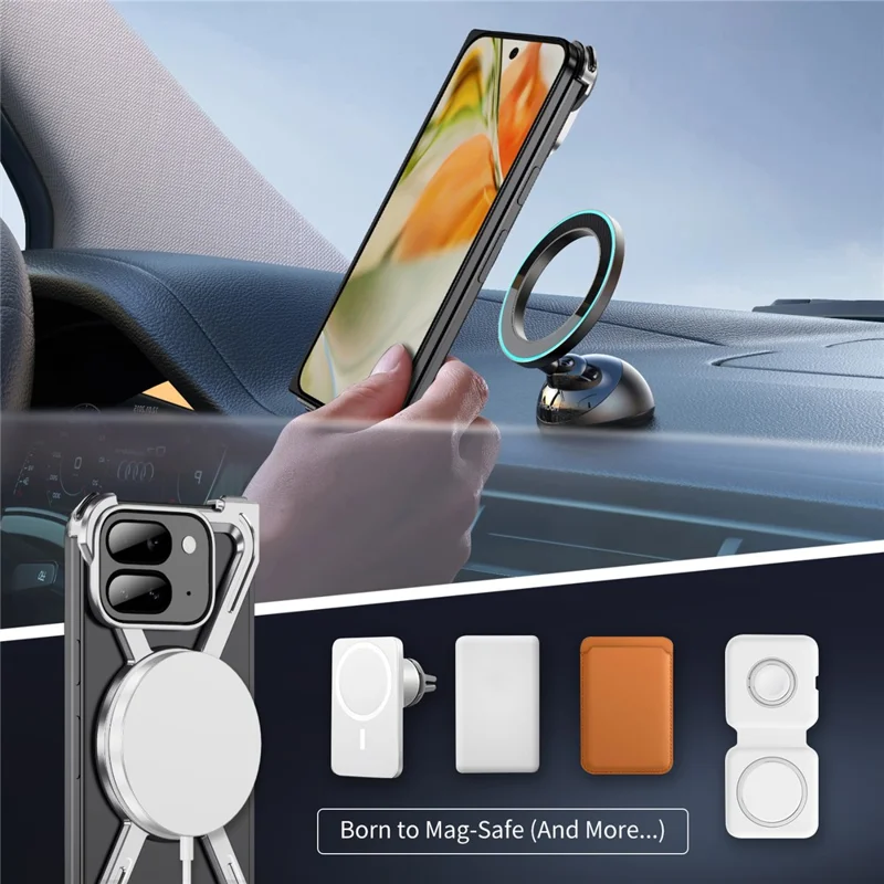 For Google Pixel 9 Pro Fold 5G Bumper Cases Borderless Metal Frame Cover Magnetic Case Kickstand - Silver
