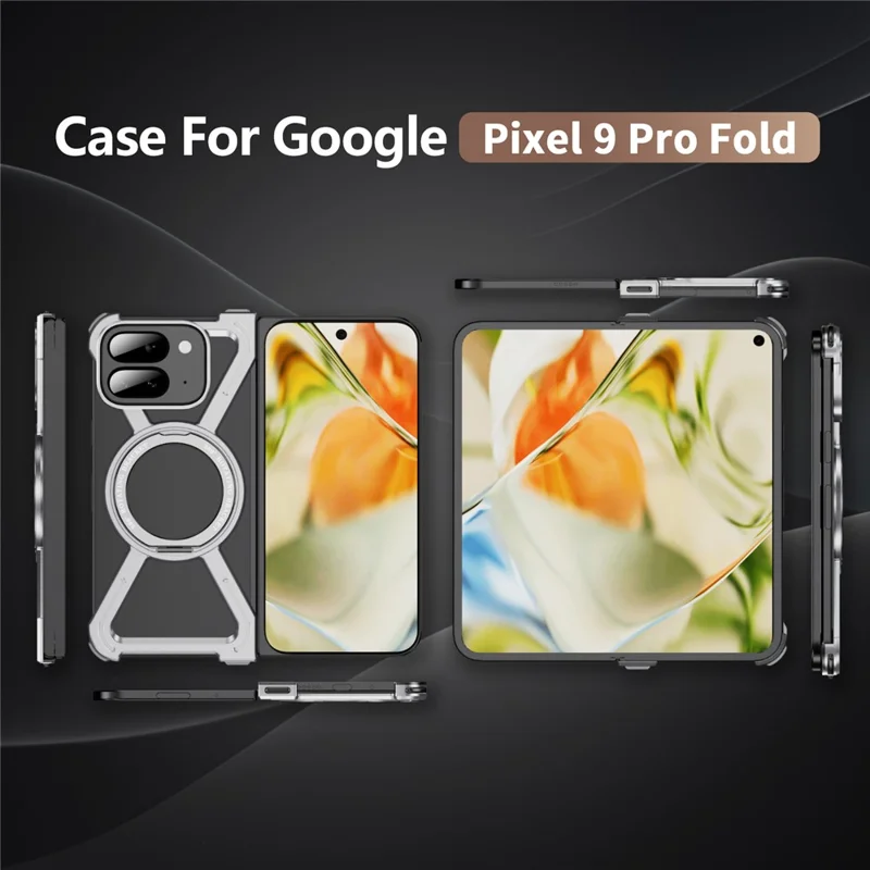 For Google Pixel 9 Pro Fold 5G Bumper Cases Borderless Metal Frame Cover Magnetic Case Kickstand - Silver