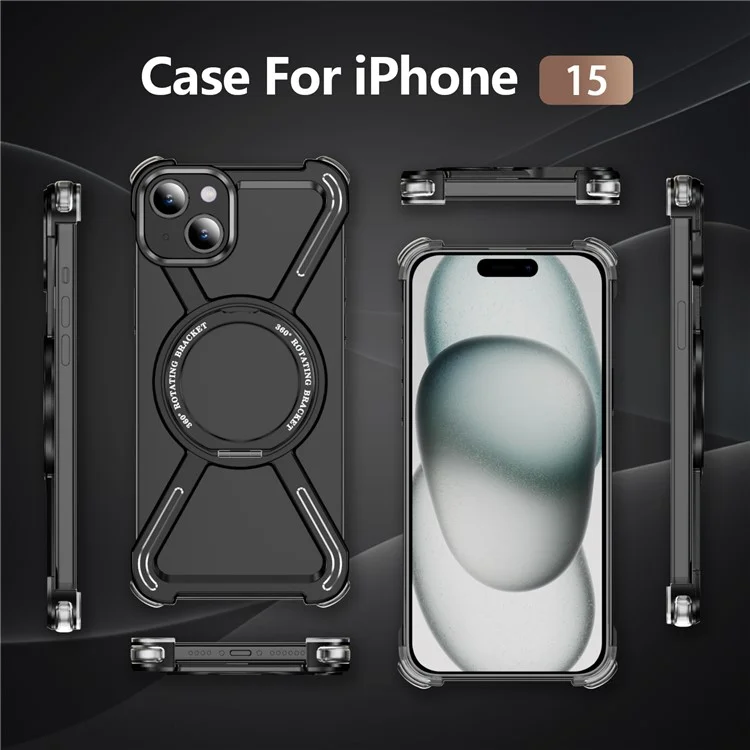 For iPhone 15 Bumper Cases Borderless Metal Frame Cover Compatible with MagSafe Kickstand - Black