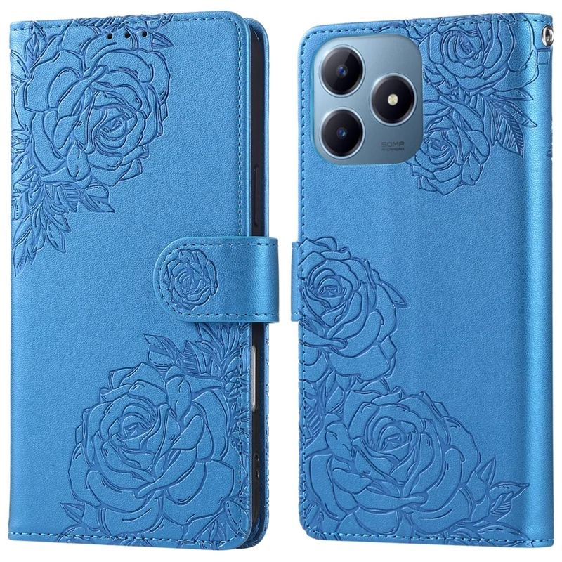 Funda para Realme C63 4G / C61 4G con Diseño de Rosa de Piel Sintética con Cartera y 3 Ranuras para Tarjetas - Azul