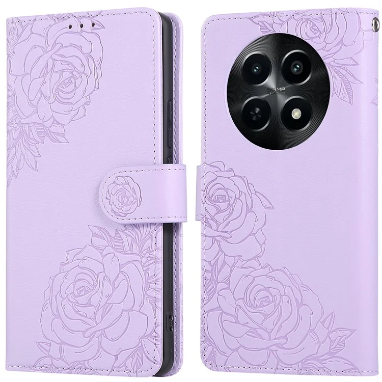 Чехол для Realme 12x 5G / 12 5G с розовым цветком из искусственной кожи, кошелек с отделениями для 3 карт - Светло-фиолетовый