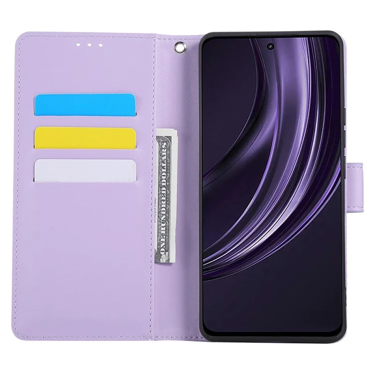 Чехол для Realme 12x 5G / 12 5G с розовым цветком из искусственной кожи, кошелек с отделениями для 3 карт - Светло-фиолетовый