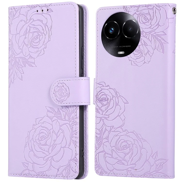 Phone Case For Realme 11 5G (Global) / C67 5G / 11x 5G Rose Flower PU Leather Wallet Phone Cover with 3 Card Slots - Light Purple