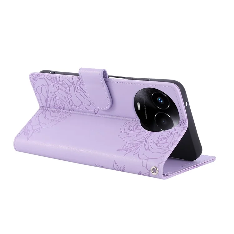Phone Case For Realme 11 5G (Global) / C67 5G / 11x 5G Rose Flower PU Leather Wallet Phone Cover with 3 Card Slots - Light Purple
