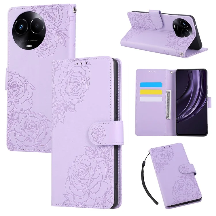 Phone Case For Realme 11 5G (Global) / C67 5G / 11x 5G Rose Flower PU Leather Wallet Phone Cover with 3 Card Slots - Light Purple