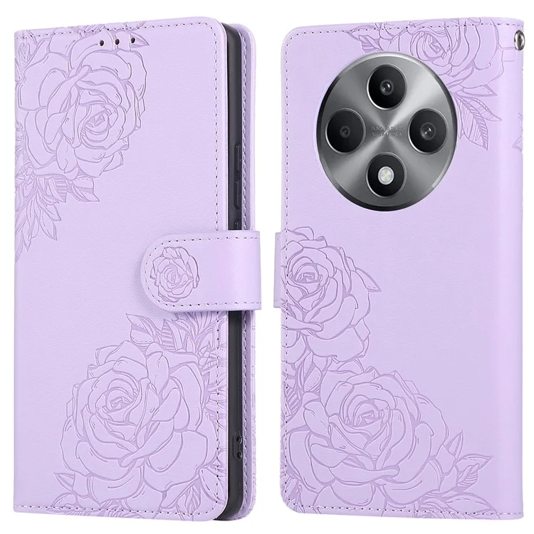 Pour Oppo Reno12 F 5G / 4G Étui Fleur Rose en Cuir PU Portefeuille Housse de Téléphone avec 3 Emplacements pour Cartes - Violet Clair