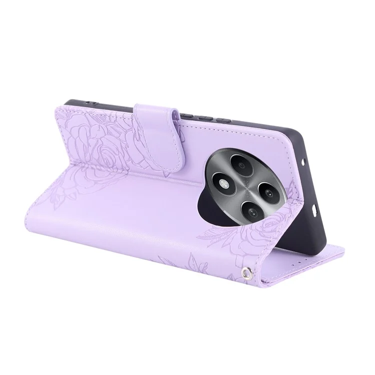 Pour Oppo Reno12 F 5G / 4G Étui Fleur Rose en Cuir PU Portefeuille Housse de Téléphone avec 3 Emplacements pour Cartes - Violet Clair