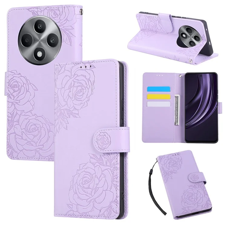 Pour Oppo Reno12 F 5G / 4G Étui Fleur Rose en Cuir PU Portefeuille Housse de Téléphone avec 3 Emplacements pour Cartes - Violet Clair
