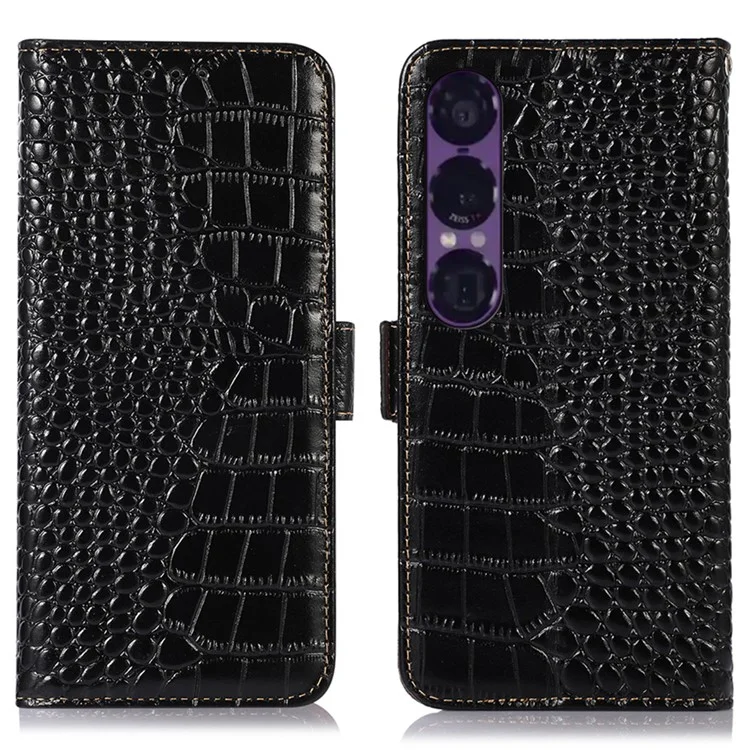 For Sony Xperia 1 VII Case Crocodile Texture Genuine Cow Leather Phone Wallet Cover - Black