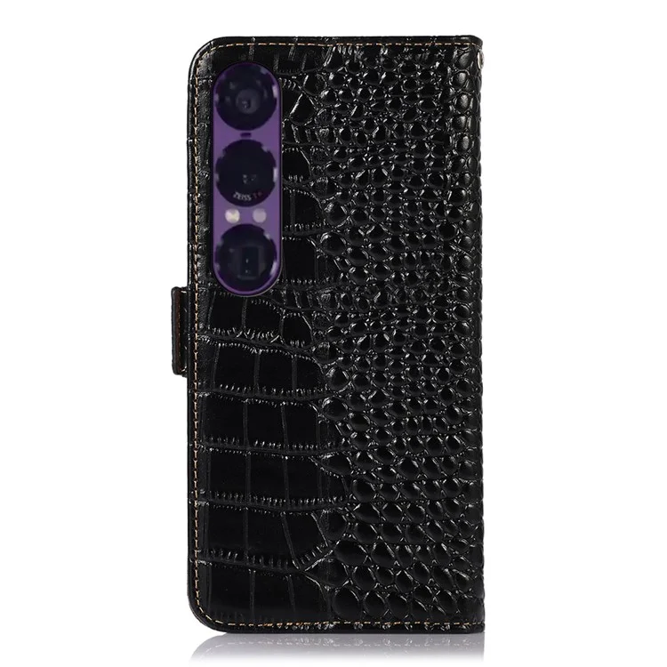 For Sony Xperia 1 VII Case Crocodile Texture Genuine Cow Leather Phone Wallet Cover - Black