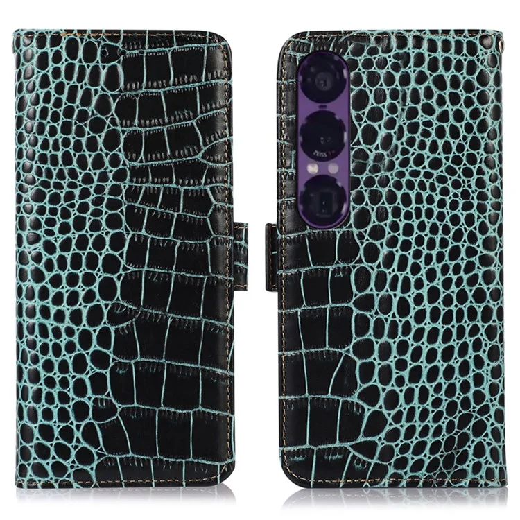 For Sony Xperia 1 VII Case Crocodile Texture Genuine Cow Leather Phone Wallet Cover - Green