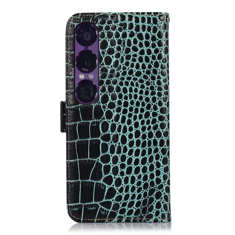 For Sony Xperia 1 VII Case Crocodile Texture Genuine Cow Leather Phone Wallet Cover - Green