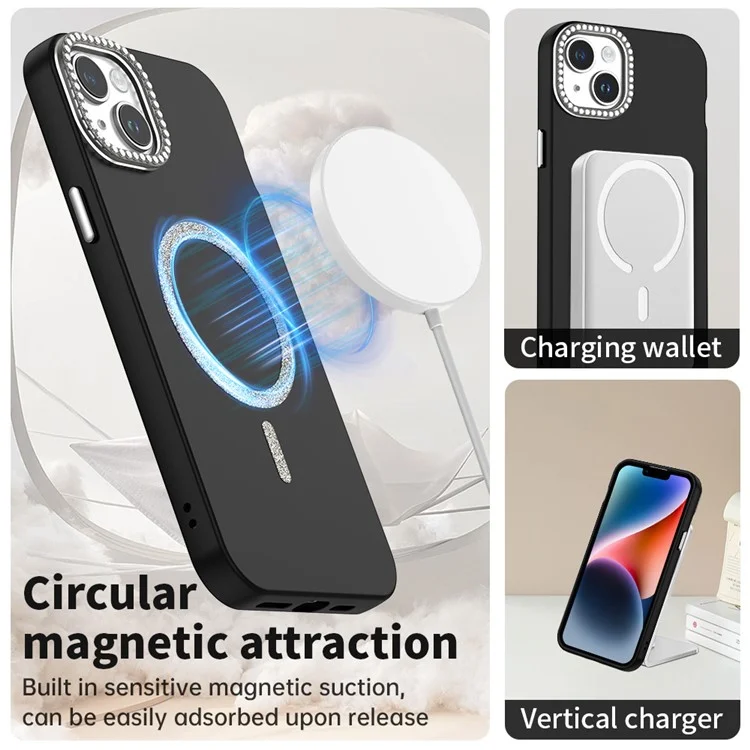 For iPhone 14 Case Compatible with MagSafe TPU + PET Phone Cover with Rhinestone Decor Lens Frame - Black