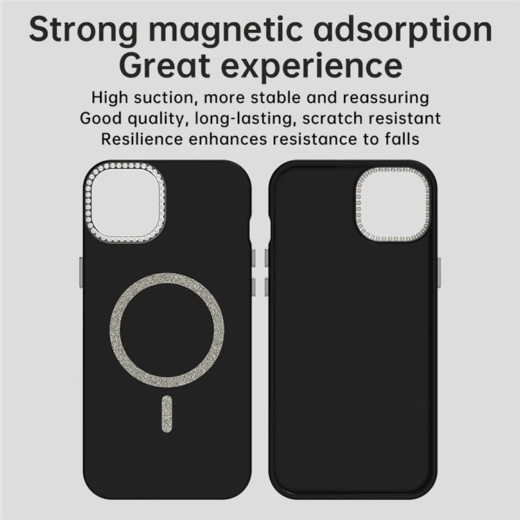 For iPhone 14 Case Compatible with MagSafe TPU + PET Phone Cover with Rhinestone Decor Lens Frame - Black